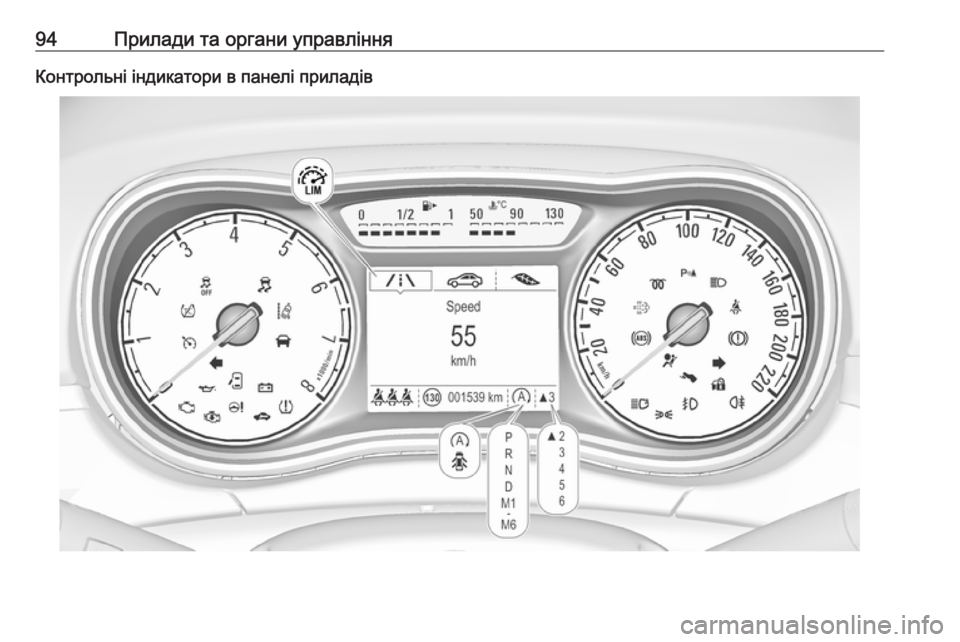 OPEL CORSA 2016.5 Посібник з експлуатації (in Ukrainian) 94Прилади та органи управлінняКонтрольні індикатори в панелі приладів OPEL CORSA 2016.5 Посібник з експлуатації (in Ukrainian) 94Прилади та органи управлінняКонтрольні індикатори в панелі приладів