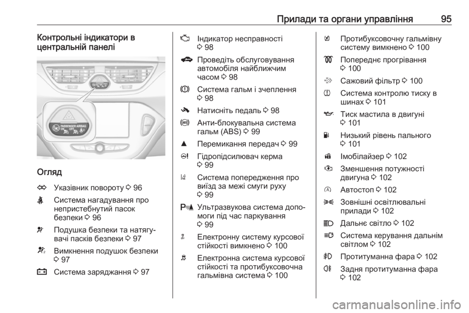 OPEL CORSA 2016.5  Посібник з експлуатації (in Ukrainian) Прилади та органи управління95Контрольні індикатори в
центральній панелі
Огляд
OУказівник повороту  3 96XСисте