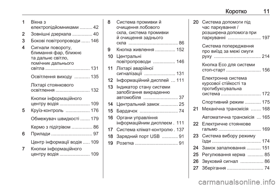 OPEL GRANDLAND X 2018.75  Посібник з експлуатації (in Ukrainian) Коротко111Вікна з
електропідйомниками .........42
2 Зовнішні дзеркала ...............40
3 Бокові повітропроводи ......146
4 Сигн