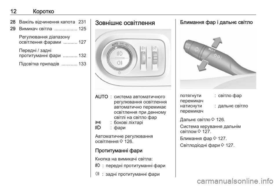 OPEL GRANDLAND X 2018.75  Посібник з експлуатації (in Ukrainian) 12Коротко28Важіль відчинення капота  231
29 Вимикач світла  .................125
Регулювання діапазону
освітлення фарами  