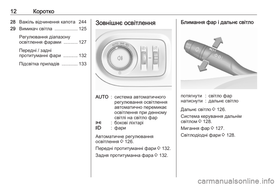 OPEL GRANDLAND X 2020  Посібник з експлуатації (in Ukrainian) 12Коротко28Важіль відчинення капота  244
29 Вимикач світла  .................125
Регулювання діапазону
освітлення фарами  