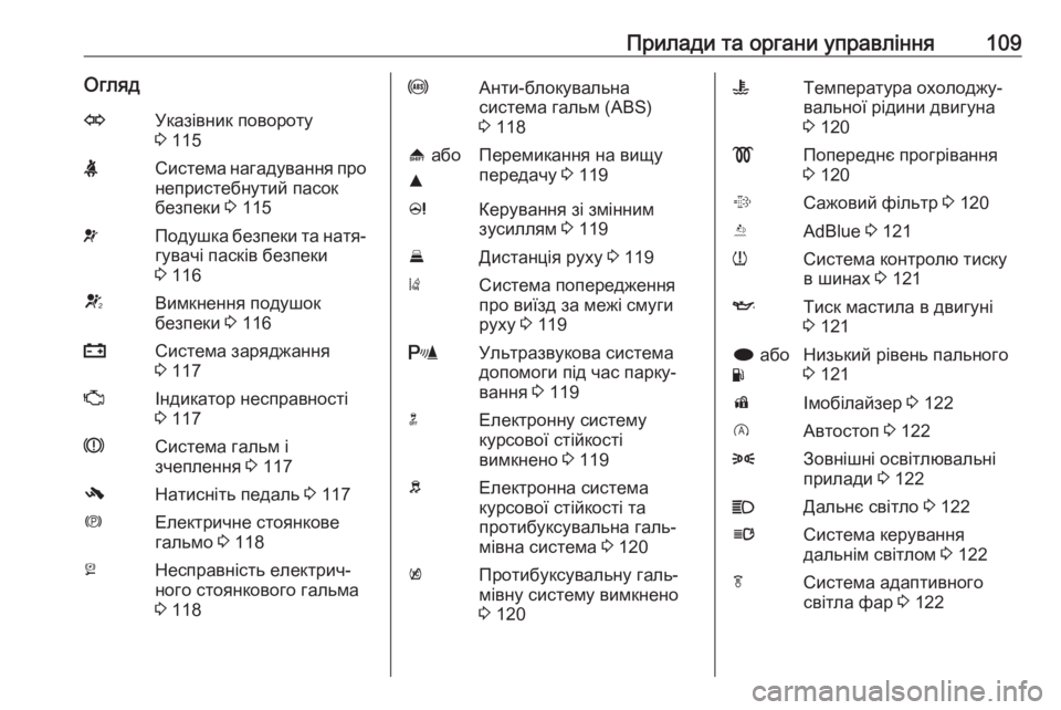 OPEL INSIGNIA 2017  Посібник з експлуатації (in Ukrainian) Прилади та органи управління109ОглядOУказівник повороту
3  115XСистема нагадування про
непристебнутий пасок
бе�