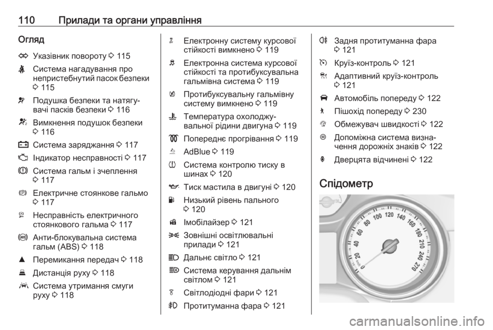 OPEL INSIGNIA BREAK 2017.75  Посібник з експлуатації (in Ukrainian) 110Прилади та органи управлінняОглядOУказівник повороту 3 115XСистема нагадування про
непристебнутий пасок без