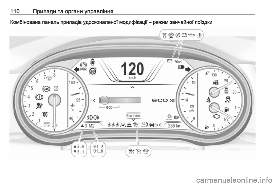 OPEL INSIGNIA BREAK 2020 Посібник з експлуатації (in Ukrainian) 110Прилади та органи управлінняКомбінована панель приладів удосконаленої модифікації – режим звичайної пої OPEL INSIGNIA BREAK 2020 Посібник з експлуатації (in Ukrainian) 110Прилади та органи управлінняКомбінована панель приладів удосконаленої модифікації – режим звичайної пої