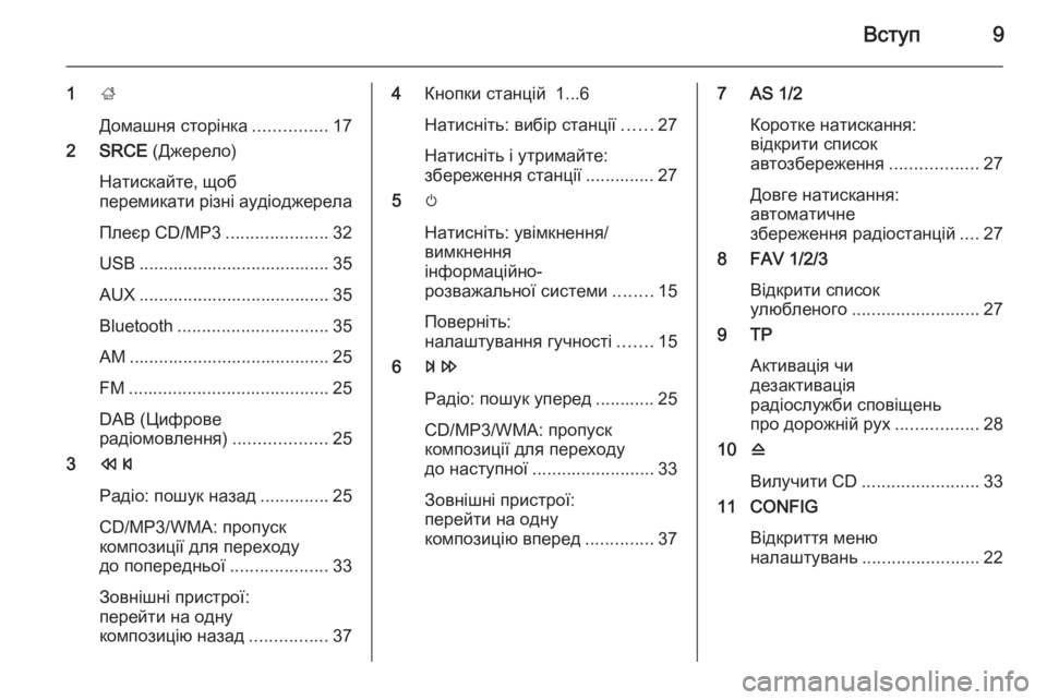 OPEL MERIVA 2015.5  Інструкція з експлуатації інформаційно-розважальної системи (in Ukrainian) Вступ9
1;
Домашня сторінка ...............17
2 SRCE  (Джерело)
Натискайте, щоб
перемикати різні аудіоджерела
Плеєр CD/MP3 ......