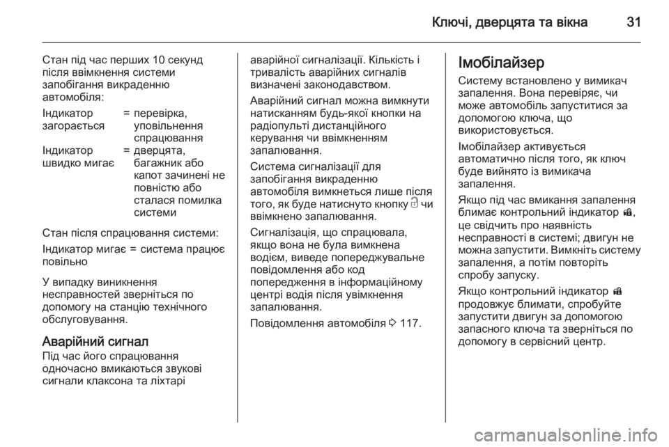 OPEL MERIVA 2015.5 Посібник з експлуатації (in Ukrainian) Ключі, дверцята та вікна31
Стан під час перших 10 секунд
після ввімкнення системи
запобігання викраденню
автом OPEL MERIVA 2015.5 Посібник з експлуатації (in Ukrainian) Ключі, дверцята та вікна31
Стан під час перших 10 секунд
після ввімкнення системи
запобігання викраденню
автом