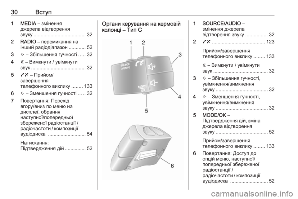 OPEL MOVANO_B 2018.5  Інструкція з експлуатації інформаційно-розважальної системи (in Ukrainian) 30Вступ1 MEDIA – змінення
джерела відтворення
звуку ..................................... 32
2 RADIO  – перемикання на
інший радіодіа�