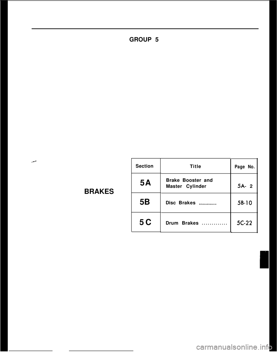 OPEL 1900 1973  Service Manual BRAKES
GROUP 5
Section
5A
5B
5C
Title
Brake Booster and
Master Cylinder
Disc Brakes
.._.__.._____
Drum Brakes. . . . . . . . . . . . .
Page No.
5A- 2
5B-10
5C-22 