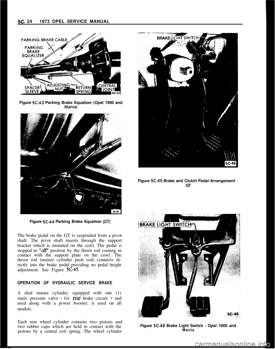 OPEL 1900 1973 Service Manual 5C- 241973 OPEL SERVICE MANUAL-~ - -----*““YBRAKE LICFigure 5C-43 Parking Brake Equalizer (Opel 1900 and
Mallta)Figure 5C-45 Brake and Clutch Pedal Arrangement
-GT
Figure 5C-44 Parking Brake Equa OPEL 1900 1973 Service Manual 5C- 241973 OPEL SERVICE MANUAL-~ - -----*““YBRAKE LICFigure 5C-43 Parking Brake Equalizer (Opel 1900 and
Mallta)Figure 5C-45 Brake and Clutch Pedal Arrangement
-GT
Figure 5C-44 Parking Brake Equa