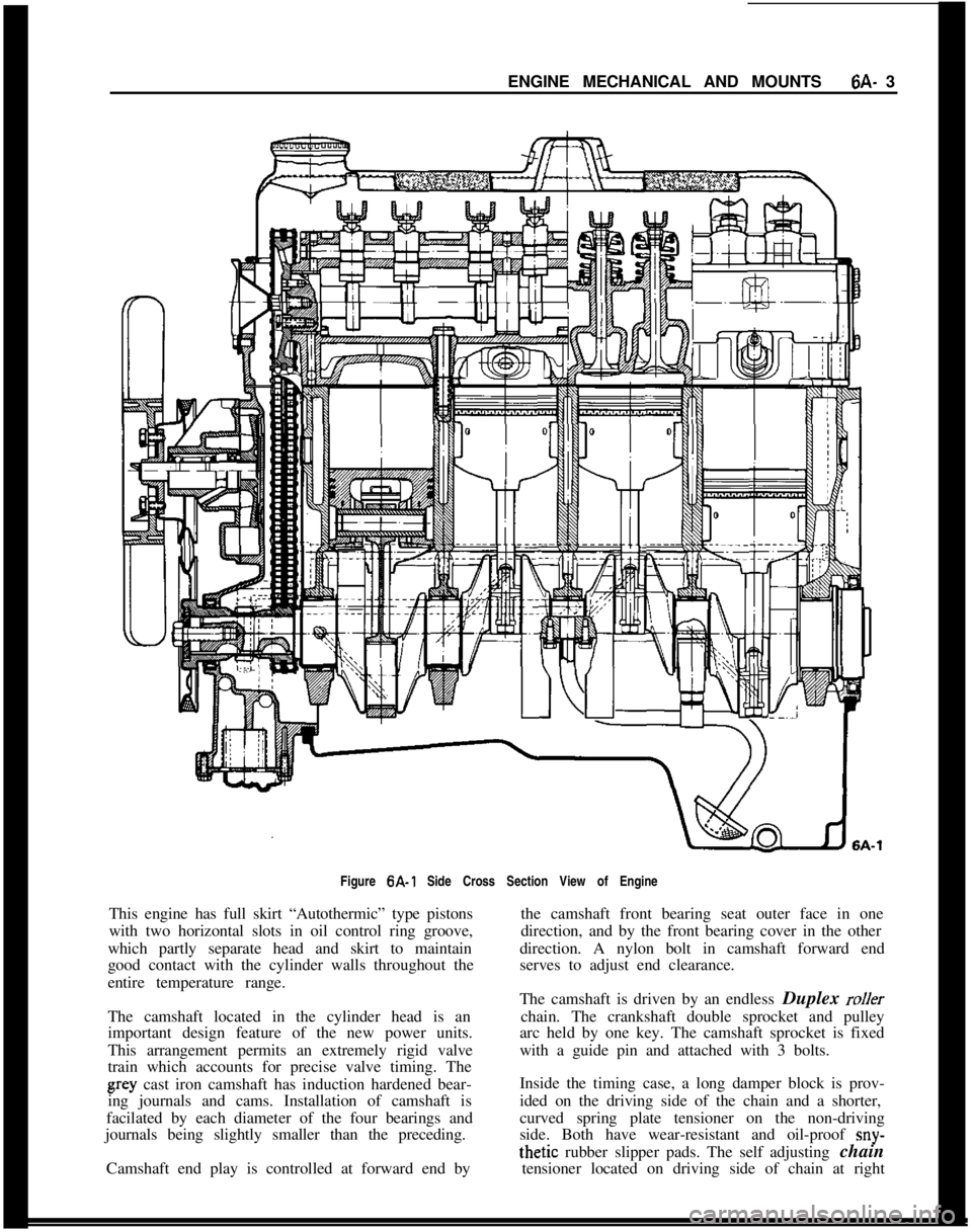OPEL 1900 1973 Service Manual ENGINE MECHANICAL AND MOUNTS6A- 3
Figure 6A-1 Side Cross Section View of Engine
This engine has full skirt “Autothermic” type pistons
with two horizontal slots in oil control ring groove,
which pa OPEL 1900 1973 Service Manual ENGINE MECHANICAL AND MOUNTS6A- 3
Figure 6A-1 Side Cross Section View of Engine
This engine has full skirt “Autothermic” type pistons
with two horizontal slots in oil control ring groove,
which pa