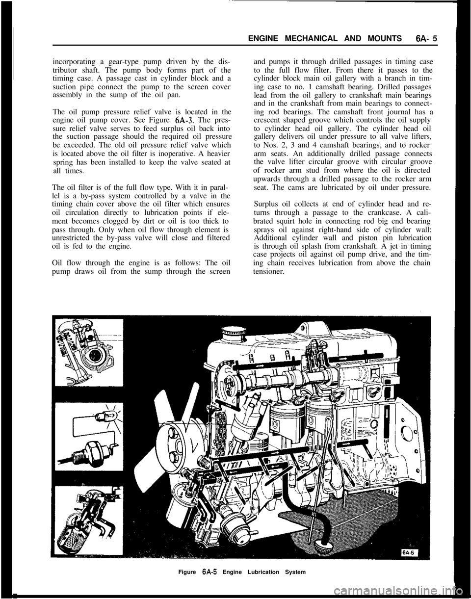 OPEL 1900 1973 Service Manual ENGINE MECHANICAL AND MOUNTS6A- 5
incorporating a gear-type pump driven by the dis-
tributor shaft. The pump body forms part of the
timing case. A passage cast in cylinder block and a
suction pipe con OPEL 1900 1973 Service Manual ENGINE MECHANICAL AND MOUNTS6A- 5
incorporating a gear-type pump driven by the dis-
tributor shaft. The pump body forms part of the
timing case. A passage cast in cylinder block and a
suction pipe con