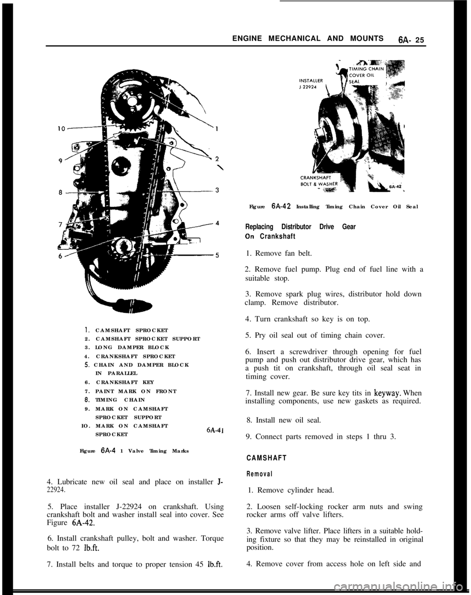 OPEL 1900 1973  Service Manual ENGINE MECHANICAL AND MOUNTS6A- 251, CAMSHAFT SPROCKET
2. CAMSHAFT SPROCKET SUPPORT
3. LONG DAMPER BLOCK
4. CRANKSHAFT SPROCKET
5. CHAIN AND DAMPER BLOCK
IN PARALLEL
6. CRANKSHAFT KEY
7. PAINT MARK ON