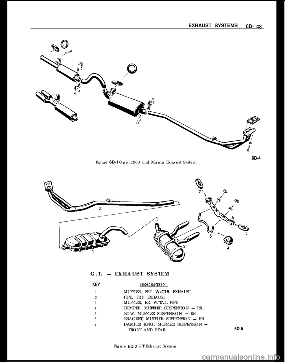 OPEL 1900 1973 Service Manual EXHAUST SYSTEMS6D- 43
6D-4Figure 6D-1 Opel 1900 and Manta Exhaust System
G.T.
- EXHAUST SYSTEM
KEJ
1
2
3
4
5
6
7DESCRIPTION
MUFFLER, FRT. W/CTR. EXHAUST
PIPE, FRT. EXHAUST
MUFFLER, RR. W/TAIL PIPE
BU OPEL 1900 1973 Service Manual EXHAUST SYSTEMS6D- 43
6D-4Figure 6D-1 Opel 1900 and Manta Exhaust System
G.T.
- EXHAUST SYSTEM
KEJ
1
2
3
4
5
6
7DESCRIPTION
MUFFLER, FRT. W/CTR. EXHAUST
PIPE, FRT. EXHAUST
MUFFLER, RR. W/TAIL PIPE
BU