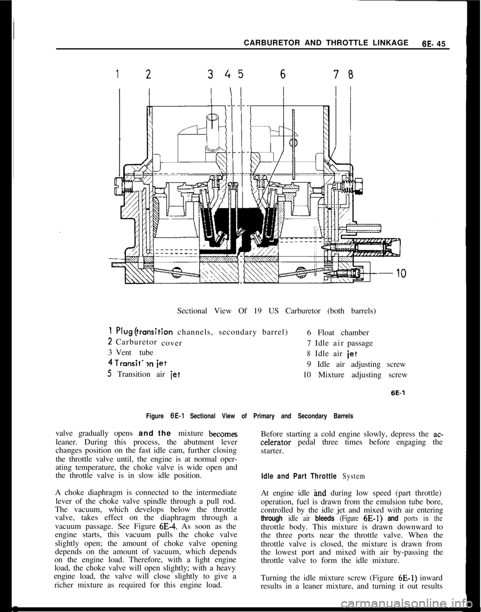 OPEL 1900 1973 Service Manual CARBURETOR AND THROTTLE LINKAGE6E- 4512345678Sectional View Of 19 US Carburetor (both barrels)
1 PIug(transition channels, secondary barrel)
6 Float chamber
2Carburetor
cover7Idleairpassage
3Vent tube OPEL 1900 1973 Service Manual CARBURETOR AND THROTTLE LINKAGE6E- 4512345678Sectional View Of 19 US Carburetor (both barrels)
1 PIug(transition channels, secondary barrel)
6 Float chamber
2Carburetor
cover7Idleairpassage
3Vent tube