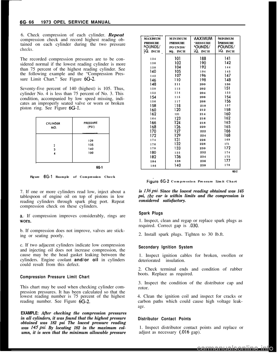 OPEL 1900 1973 Workshop Manual 6G- 661973 OPEL SERVICE MANUAL
6. Check compression of each cylinder. Repeat
compression check and record highest reading ob-
tained on each cylinder during the two pressurechecks.The recorded compres OPEL 1900 1973 Workshop Manual 6G- 661973 OPEL SERVICE MANUAL
6. Check compression of each cylinder. Repeat
compression check and record highest reading ob-
tained on each cylinder during the two pressurechecks.The recorded compres