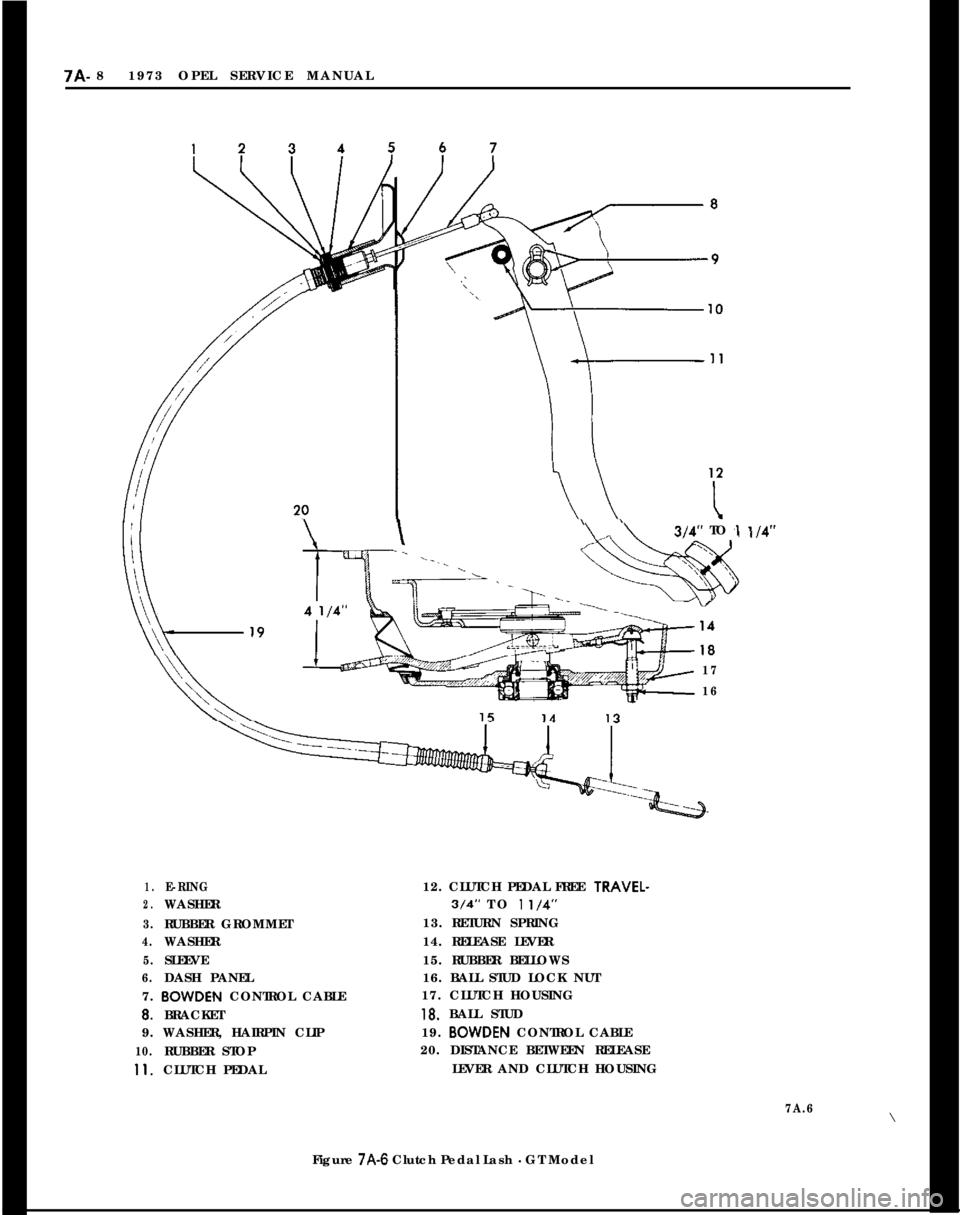 OPEL 1900 1973 Service Manual 7A- 81973 OPEL SERVICE MANUAL\\“\314”TO ,l
17
16
1.E-RING12. CLUTCH PEDAL FREE TRAVEL-
2.WASHER3/4” TO 1 l/4”
3.RUBBER GROMMET13. RETURN SPRING
4.WASHER14. RELEASE LEVER
5.SLEEVE15. RUBBER BEL OPEL 1900 1973 Service Manual 7A- 81973 OPEL SERVICE MANUAL\\“\314”TO ,l
17
16
1.E-RING12. CLUTCH PEDAL FREE TRAVEL-
2.WASHER3/4” TO 1 l/4”
3.RUBBER GROMMET13. RETURN SPRING
4.WASHER14. RELEASE LEVER
5.SLEEVE15. RUBBER BEL
