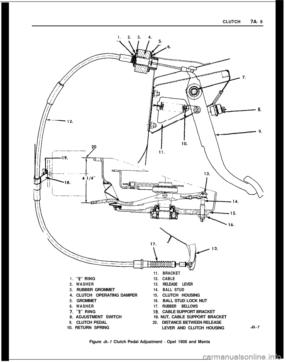 OPEL 1900 1973 Service Manual CLUTCHlA- 9
1.2.3.4.
8.
-9.
-11.BRACKET
1.“E” RING12.CABLE
2.WASHER13.RELEASE LEVER
3.RUBBER GROMMET
14.BALL STUD4.CLUTCH OPERATINGDAMPER
15.CLUTCH HOUSING
5.GROMMET16.BALL STUD LOCK NUT
6.WASHER1 OPEL 1900 1973 Service Manual CLUTCHlA- 9
1.2.3.4.
8.
-9.
-11.BRACKET
1.“E” RING12.CABLE
2.WASHER13.RELEASE LEVER
3.RUBBER GROMMET
14.BALL STUD4.CLUTCH OPERATINGDAMPER
15.CLUTCH HOUSING
5.GROMMET16.BALL STUD LOCK NUT
6.WASHER1