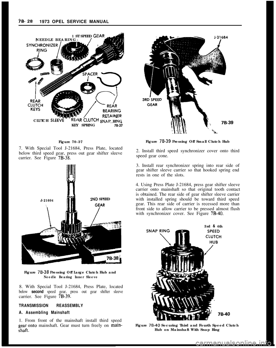 OPEL 1900 1973 Service Manual iB- 281973 OPEL SERVICE MANUAL
1 ST SPEED
GINEEDLE BEARING-/CLUTCH
SLEEc?iE,-.
SNAP RING_.. ..~~ ~-KEY SPRING,a-37Figure 70-37Figure 7B-39 Pressing Off Small Clutch Hub
7. With Special Tool J-21684, OPEL 1900 1973 Service Manual iB- 281973 OPEL SERVICE MANUAL
1 ST SPEED
GINEEDLE BEARING-/CLUTCH
SLEEc?iE,-.
SNAP RING_.. ..~~ ~-KEY SPRING,a-37Figure 70-37Figure 7B-39 Pressing Off Small Clutch Hub
7. With Special Tool J-21684,