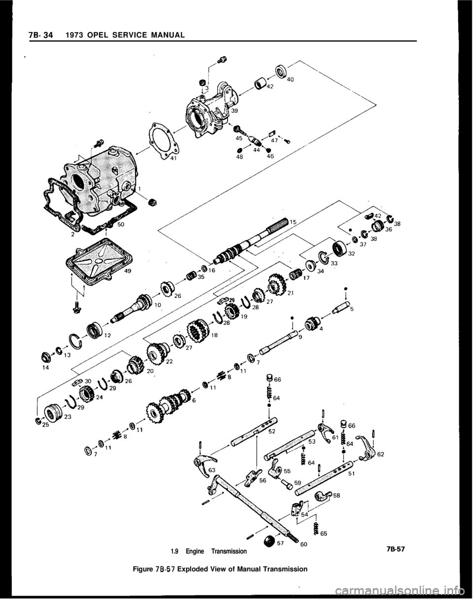 OPEL 1900 1973 Service Manual 79.341973 OPEL SERVICE MANUAL
1.9 Engine TransmissionFigure 78-57 Exploded View of Manual Transmission OPEL 1900 1973 Service Manual 79.341973 OPEL SERVICE MANUAL
1.9 Engine TransmissionFigure 78-57 Exploded View of Manual Transmission