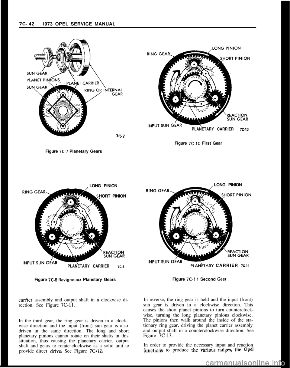 OPEL 1900 1973 Service Manual 7C. 421973 OPEL SERVICE MANUALPLANETARY CARRIER7c.toFigure
712-10 First Gear
Figure
7C-7 Planetary Gears
LONG PINION
HORT PINION
PLANETARY CARRIER7C8Figure
7C-8 Ravigneaux Planetary Gearscariier as OPEL 1900 1973 Service Manual 7C. 421973 OPEL SERVICE MANUALPLANETARY CARRIER7c.toFigure
712-10 First Gear
Figure
7C-7 Planetary Gears
LONG PINION
HORT PINION
PLANETARY CARRIER7C8Figure
7C-8 Ravigneaux Planetary Gearscariier as
