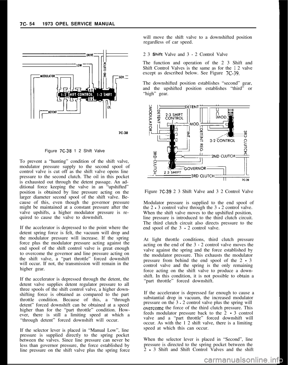 OPEL 1900 1973 Service Manual 7C- 541973 OPEL SERVICE MANUAL
Figure 7C-38 1 2 Shift Valve
To prevent a “hunting” condition of the shift valve,
modulator pressure supply to the second spool of
control valve is cut off as the sh OPEL 1900 1973 Service Manual 7C- 541973 OPEL SERVICE MANUAL
Figure 7C-38 1 2 Shift Valve
To prevent a “hunting” condition of the shift valve,
modulator pressure supply to the second spool of
control valve is cut off as the sh