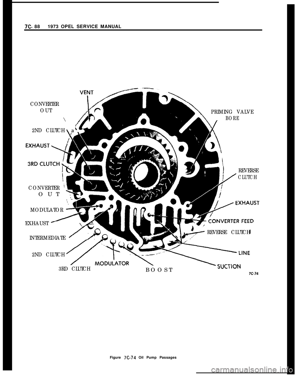 OPEL 1900 1973 Service Manual 7C- 881973 OPEL SERVICE MANUALCONVERTER
OUT\
/
2ND CLUTCHa!EI1
CONVERTER iOUT
x
PRIMING VALVE
BORE
\
REVERSE
CLUTCH
:. -q
MODULATOR -
EXHAUST
REVERSE CLUTCH
INTERMEDIATE
2ND CLUTCH
3RD CLUTCHBOOST
76 OPEL 1900 1973 Service Manual 7C- 881973 OPEL SERVICE MANUALCONVERTER
OUT\
/
2ND CLUTCHa!EI1
CONVERTER iOUT
x
PRIMING VALVE
BORE
\
REVERSE
CLUTCH
:. -q
MODULATOR -
EXHAUST
REVERSE CLUTCH
INTERMEDIATE
2ND CLUTCH
3RD CLUTCHBOOST
76