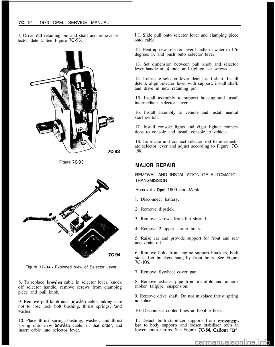 OPEL 1900 1973  Service Manual 7C. 941973 OPEL SERVICE MANUAL
7. Drive out retaining pin and shaft and remove se-
lector detent. See Figure 7C-93.Figure 
7C-93Figure 
7C-94 - Exploded View of Selector Lever
8. To replace bowden cab