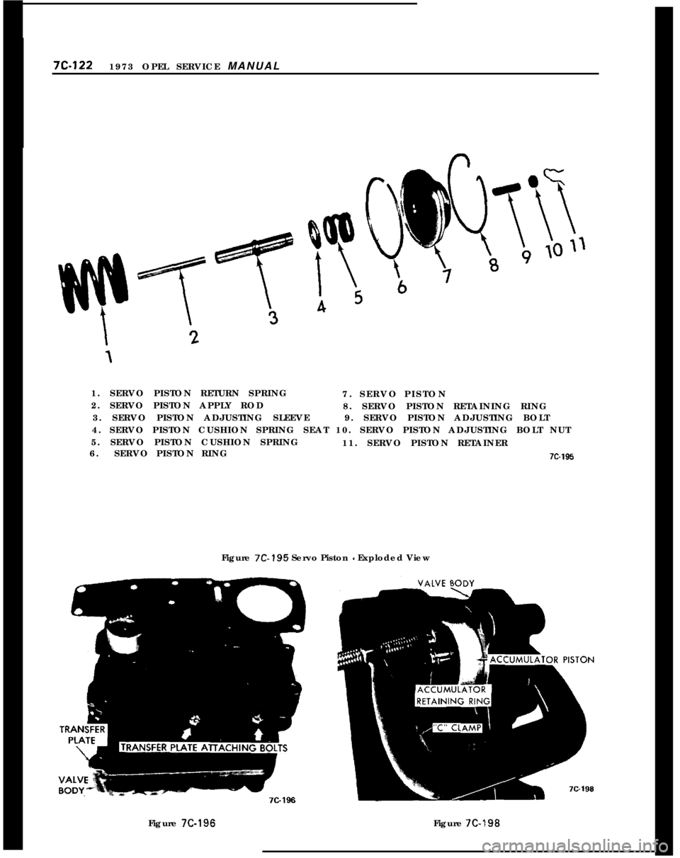 OPEL 1900 1973 Service Manual 7C-1221973 OPEL SERVICE MANUAL
1. SERVO PISTON RETURN SPRING
7. SERVO PISTON
2. SERVO PISTON APPLY ROD
8. SERVO PISTON RETAINING RING
3. SERVO PISTON ADJUSTING SLEEVE9. SERVO PISTON ADJUSTING BOLT
4. OPEL 1900 1973 Service Manual 7C-1221973 OPEL SERVICE MANUAL
1. SERVO PISTON RETURN SPRING
7. SERVO PISTON
2. SERVO PISTON APPLY ROD
8. SERVO PISTON RETAINING RING
3. SERVO PISTON ADJUSTING SLEEVE9. SERVO PISTON ADJUSTING BOLT
4.