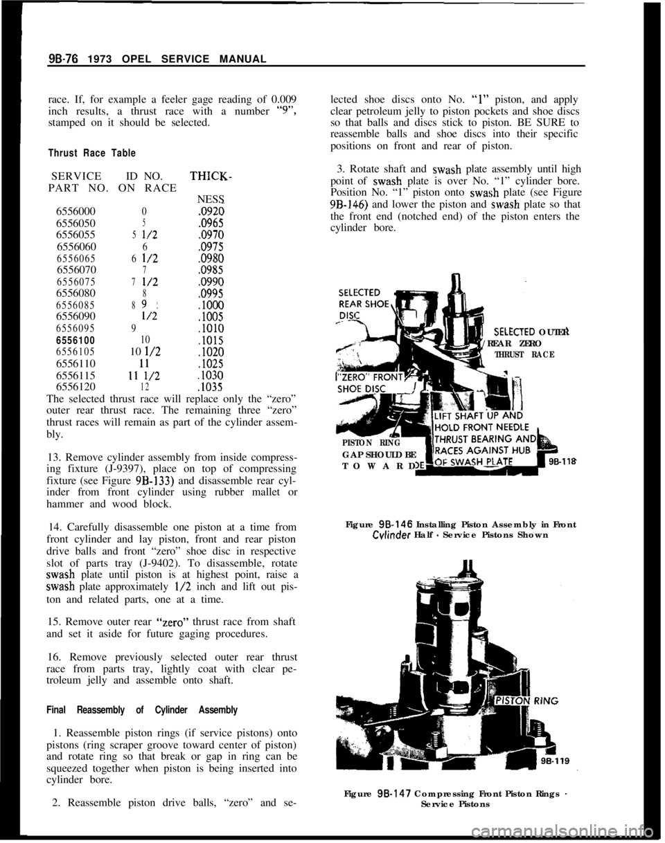 OPEL 1900 1973 Service Manual 9B-76 1973 OPEL SERVICE MANUAL
race. If, for example a feeler gage reading of 0.009
inch results, a thrust race with a number “9”,
stamped on it should be selected.Thrust Race TableSERVICEID NO.TH OPEL 1900 1973 Service Manual 9B-76 1973 OPEL SERVICE MANUAL
race. If, for example a feeler gage reading of 0.009
inch results, a thrust race with a number “9”,
stamped on it should be selected.Thrust Race TableSERVICEID NO.TH