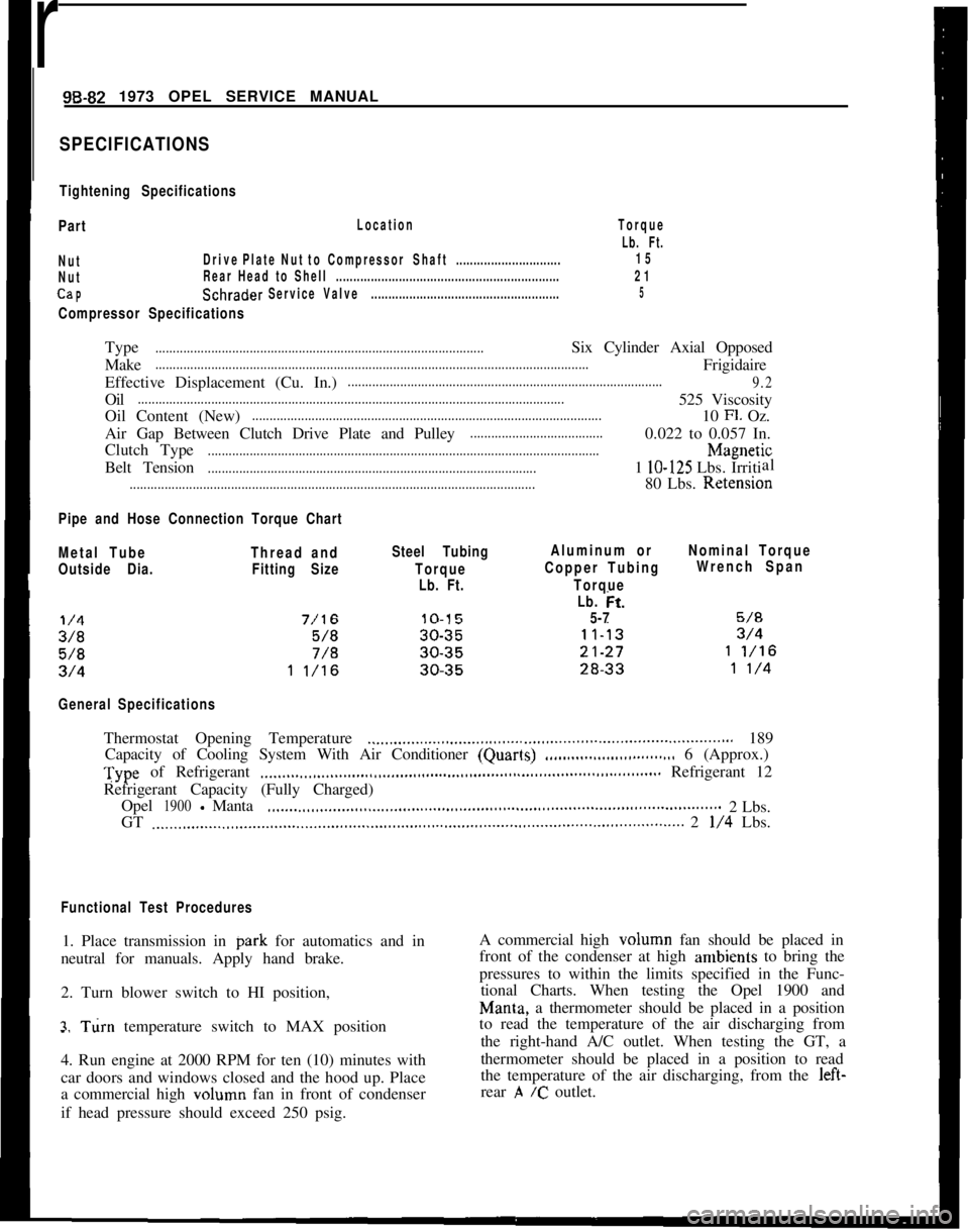 OPEL 1900 1973 Service Manual r98-82 1973 OPEL SERVICE MANUAL
SPECIFICATIONS
Tightening Specifications
Part
Location
NutDrivePlateNut toCompressorShaft..............................
NutRear Head to Shell........................... OPEL 1900 1973 Service Manual r98-82 1973 OPEL SERVICE MANUAL
SPECIFICATIONS
Tightening Specifications
Part
Location
NutDrivePlateNut toCompressorShaft..............................
NutRear Head to Shell...........................
