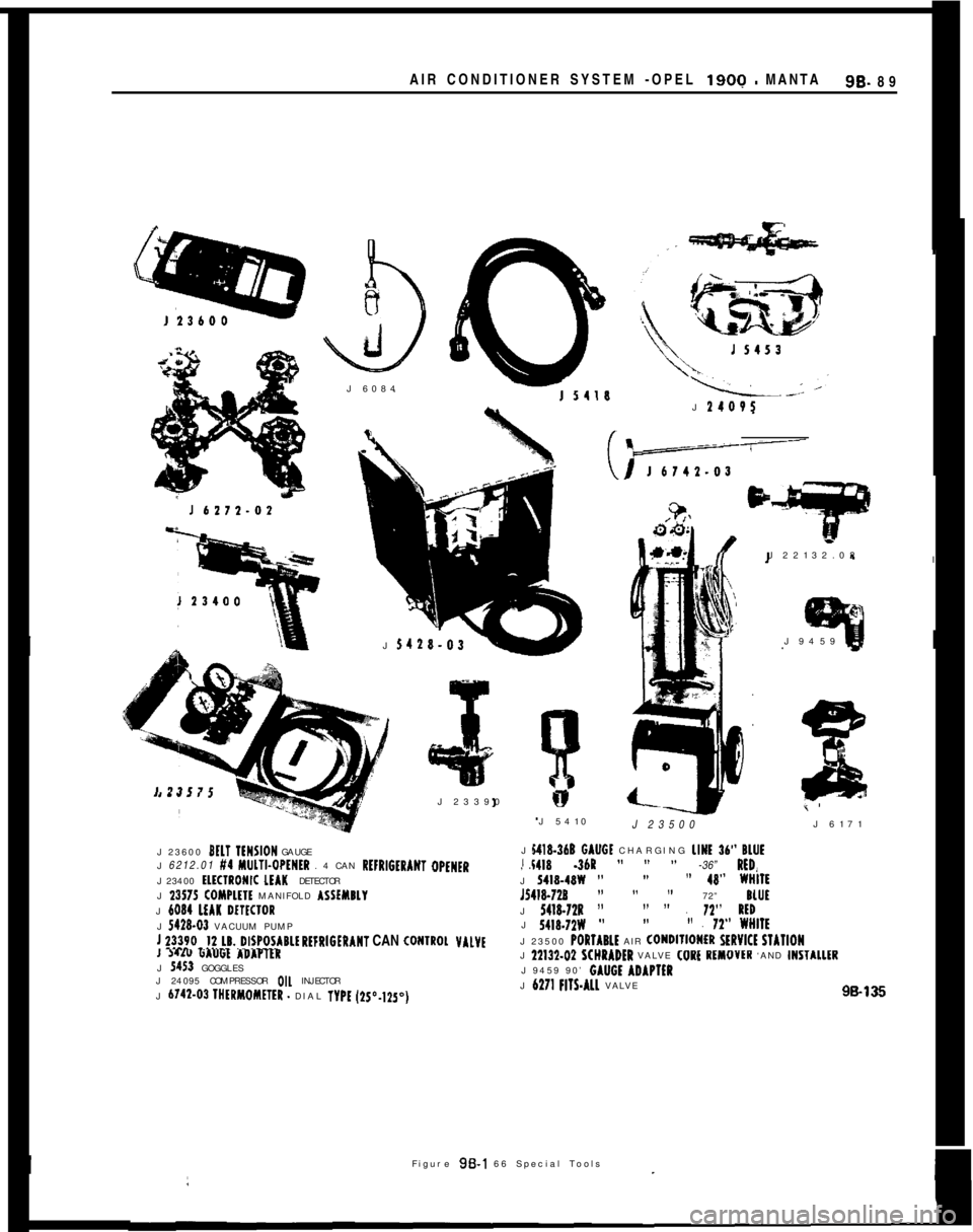 OPEL 1900 1973 Service Manual AIR CONDITIONER SYSTEM -OPEL 1900 - MANTASB- 89
cJ 6084
J
14OVSJ
5428.03
,J 23390
J 23600 BELT IENSION GAUGE
J 6212.01 #4 MlJLTI.OPtNtR . 4 CAN RtFRIGtRANT OPENER
J 23400
tlKlRONIC LEAK DETECTOR
J OPEL 1900 1973 Service Manual AIR CONDITIONER SYSTEM -OPEL 1900 - MANTASB- 89
cJ 6084
J
14OVSJ
5428.03
,J 23390
J 23600 BELT IENSION GAUGE
J 6212.01 #4 MlJLTI.OPtNtR . 4 CAN RtFRIGtRANT OPENER
J 23400
tlKlRONIC LEAK DETECTOR
J
