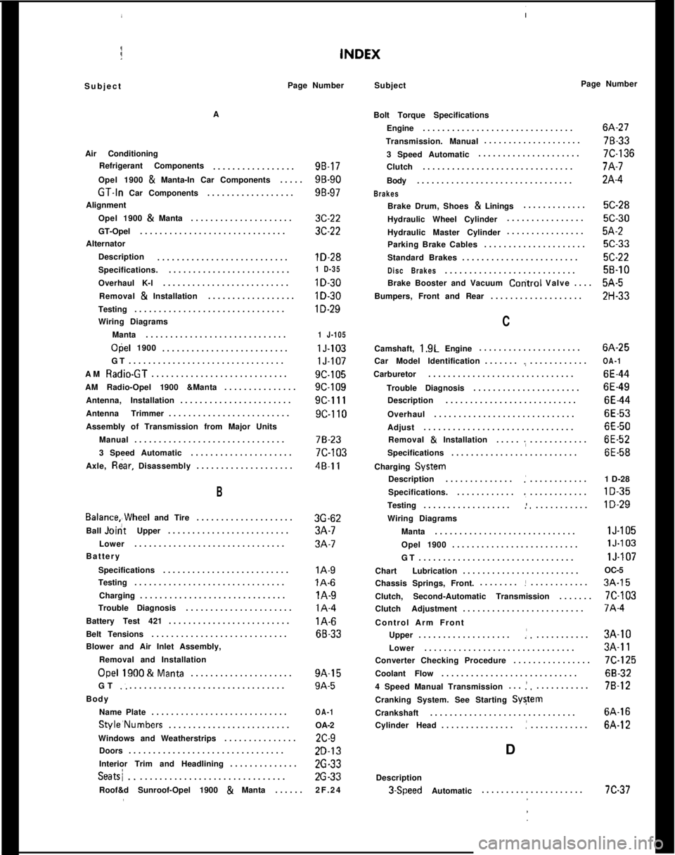 OPEL 1900 1973 Service Manual SubjectPage Number
Subject Page Number
A
Air Conditioning Refrigerant Components .................
98.17
Opel 1900
& Manta-In Car Components .....9B-90
GT.ln Car Components..................98-97
Al OPEL 1900 1973 Service Manual SubjectPage Number
Subject Page Number
A
Air Conditioning Refrigerant Components .................
98.17
Opel 1900
& Manta-In Car Components .....9B-90
GT.ln Car Components..................98-97
Al