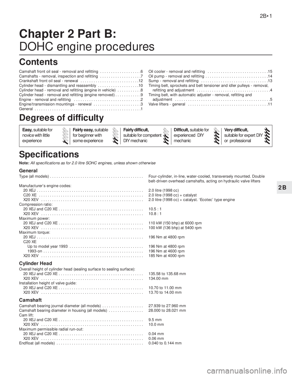 OPEL CALIBRA 1988  Service Repair Manual 2B
Note:All specifications as for 2.0 litre SOHC engines, unless shown otherwise
General
Type (all models)  . . . . . . . . . . . . . . . . . . . . . . . . . . . . . . . . . . . . . . . . . . . Four-c