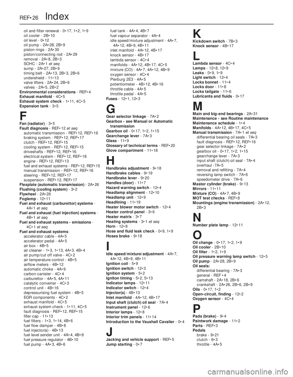 OPEL CALIBRA 1988 Service Repair Manual oil and filter renewal - 0•17, 1•2, 1•9
oil cooler - 2B•10
oil level - 0•12
oil pump - 2A•28, 2B•9
piston rings - 2A•30
piston/connecting rod - 2A•29
removal - 2A•8, 2B•3
SOHC - OPEL CALIBRA 1988 Service Repair Manual oil and filter renewal - 0•17, 1•2, 1•9
oil cooler - 2B•10
oil level - 0•12
oil pump - 2A•28, 2B•9
piston rings - 2A•30
piston/connecting rod - 2A•29
removal - 2A•8, 2B•3
SOHC -