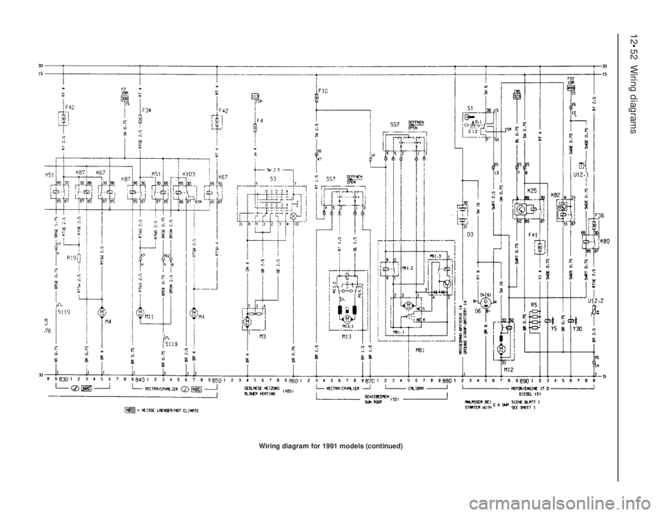 OPEL CALIBRA 1988  Service Manual PDF 12•52Wiring diagrams
Wiring diagram for 1991 models (continued) 
