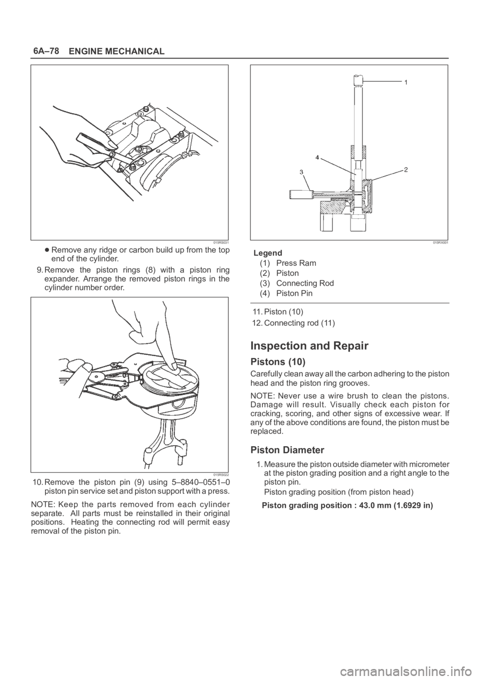 OPEL FRONTERA 1998 Owners Guide 6A–78
ENGINE MECHANICAL
015RS031
Remove any ridge or carbon build up from the top
end of the cylinder.
9. Remove the piston rings (8) with a piston ring
expander. Arrange the removed pis OPEL FRONTERA 1998 Owners Guide 6A–78
ENGINE MECHANICAL
015RS031
Remove any ridge or carbon build up from the top
end of the cylinder.
9. Remove the piston rings (8) with a piston ring
expander. Arrange the removed pis