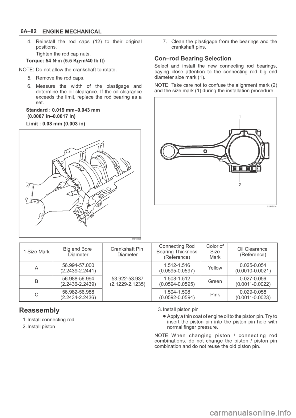 OPEL FRONTERA 1998 Workshop Manual 6A–82
ENGINE MECHANICAL
4. Reinstall the rod caps (12) to their original
positions.
Tighten the rod cap nuts.
Torque: 54 Nꞏm (5.5 Kgꞏm/40 lb ft)
NOTE: Do not allow the crankshaft to rotat OPEL FRONTERA 1998 Workshop Manual 6A–82
ENGINE MECHANICAL
4. Reinstall the rod caps (12) to their original
positions.
Tighten the rod cap nuts.
Torque: 54 Nꞏm (5.5 Kgꞏm/40 lb ft)
NOTE: Do not allow the crankshaft to rotat