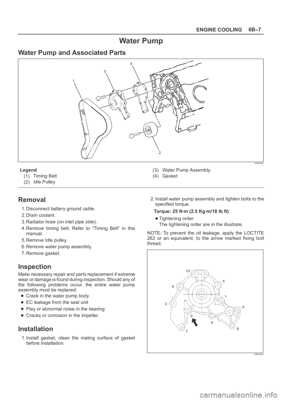OPEL FRONTERA 1998 Repair Manual ENGINE COOLING6B–7
Water Pump
Water Pump and Associated Parts
030RS002
Legend
(1) Timing Belt
(2) Idle Pulley(3) Water Pump Assembly
(4) Gasket
Removal
1. Disconnect battery ground cable.
2. Drain c OPEL FRONTERA 1998 Repair Manual ENGINE COOLING6B–7
Water Pump
Water Pump and Associated Parts
030RS002
Legend
(1) Timing Belt
(2) Idle Pulley(3) Water Pump Assembly
(4) Gasket
Removal
1. Disconnect battery ground cable.
2. Drain c