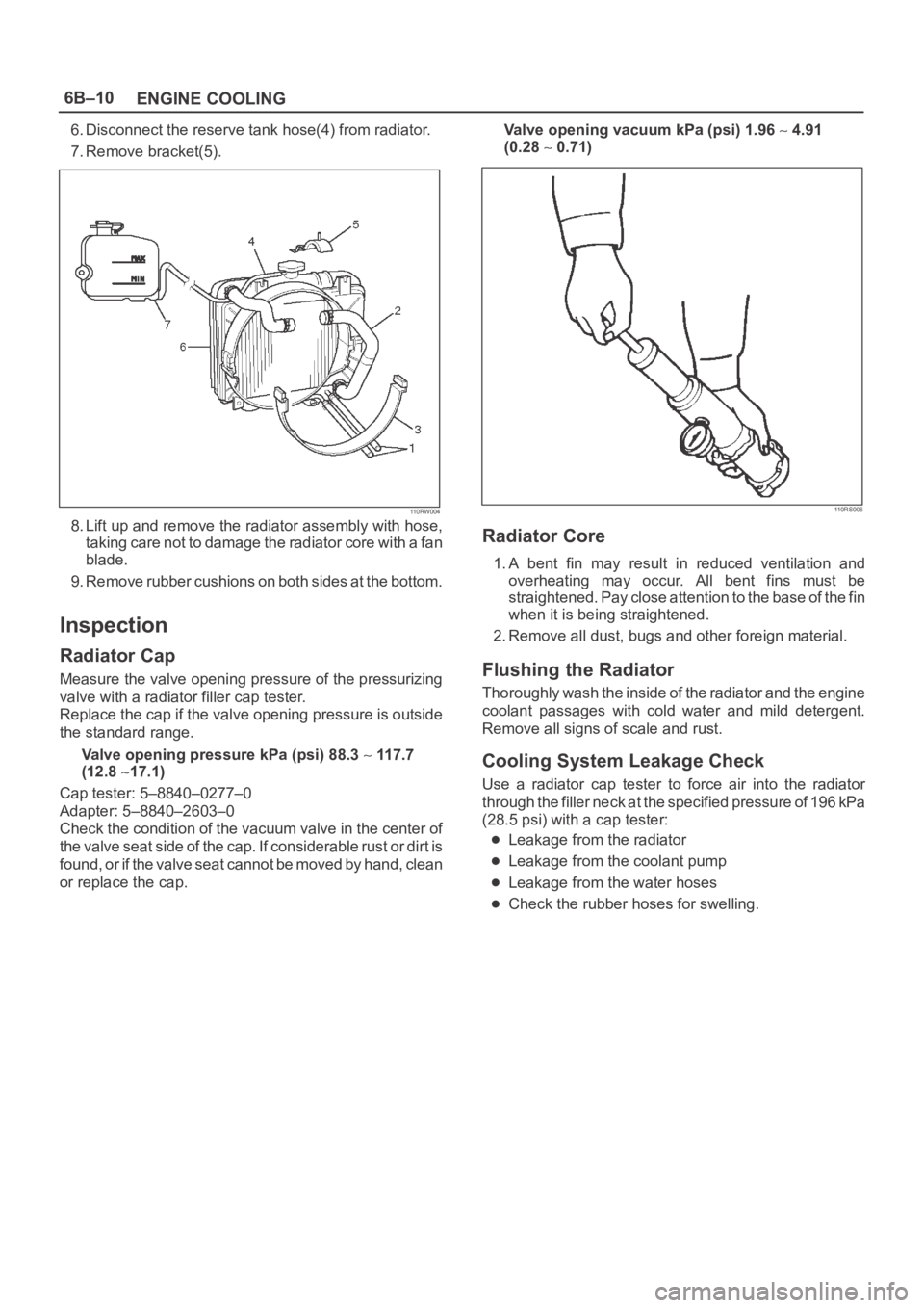 OPEL FRONTERA 1998  Workshop Manual 6B–10
ENGINE COOLING
6. Disconnect the reserve tank hose(4) from radiator.
7. Remove bracket(5).
110RW004
8. Lift up and remove the radiator assembly with hose,
taking care not to damage the radiato