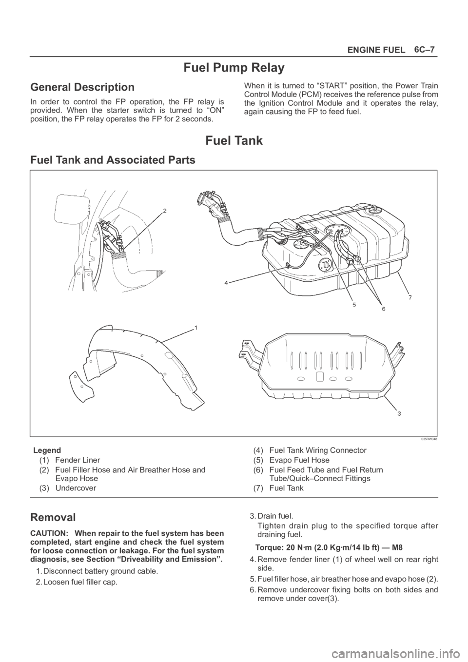 OPEL FRONTERA 1998 Repair Manual 6C–7
ENGINE FUEL
Fuel Pump Relay
General Description
In order to control the FP operation, the FP relay is
provided. When the starter switch is turned to “ON”
position, the FP OPEL FRONTERA 1998 Repair Manual 6C–7
ENGINE FUEL
Fuel Pump Relay
General Description
In order to control the FP operation, the FP relay is
provided. When the starter switch is turned to “ON”
position, the FP