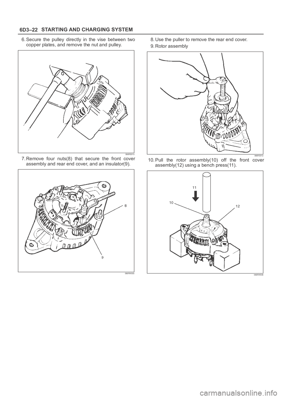 OPEL FRONTERA 1998 Workshop Manual 6D3–22STARTING AND CHARGING SYSTEM
6. Secure the pulley directly in the vise between two
copper plates, and remove the nut and pulley.
066RS010
7. Remove four nuts(8) that secure the f OPEL FRONTERA 1998 Workshop Manual 6D3–22STARTING AND CHARGING SYSTEM
6. Secure the pulley directly in the vise between two
copper plates, and remove the nut and pulley.
066RS010
7. Remove four nuts(8) that secure the f
