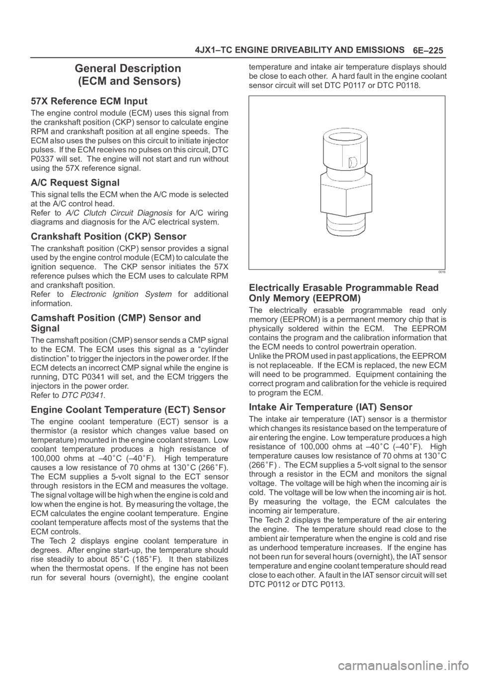 OPEL FRONTERA 1998 Workshop Manual 6E–225 4JX1–TC ENGINE DRIVEABILITY AND EMISSIONS
General Description
(ECM and Sensors)
57X Reference ECM Input
The engine control module (ECM) uses this signal from
the crankshaft position (CKP) OPEL FRONTERA 1998 Workshop Manual 6E–225 4JX1–TC ENGINE DRIVEABILITY AND EMISSIONS
General Description
(ECM and Sensors)
57X Reference ECM Input
The engine control module (ECM) uses this signal from
the crankshaft position (CKP)