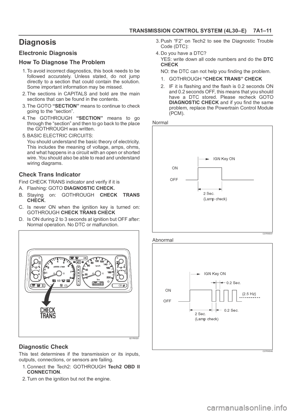 OPEL FRONTERA 1998  Workshop Manual TRANSMISSION CONTROL SYSTEM (4L30–E)7A1–11
Diagnosis
Electronic Diagnosis
How To Diagnose The Problem
1. To avoid incorrect diagnostics, this book needs to be
followed  accurately.  Unless  stated