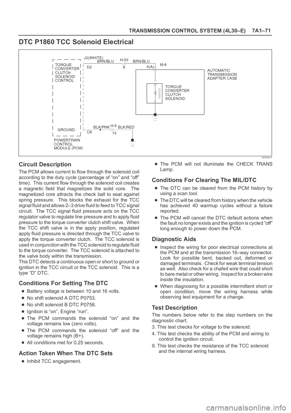 OPEL FRONTERA 1998 Workshop Manual TRANSMISSION CONTROL SYSTEM (4L30–E)7A1–71
DTC P1860 TCC Solenoid Electrical
D07RW010
Circuit Description
The PCM allows current to flow through the solenoid coil
according to the duty cycle (perc OPEL FRONTERA 1998 Workshop Manual TRANSMISSION CONTROL SYSTEM (4L30–E)7A1–71
DTC P1860 TCC Solenoid Electrical
D07RW010
Circuit Description
The PCM allows current to flow through the solenoid coil
according to the duty cycle (perc