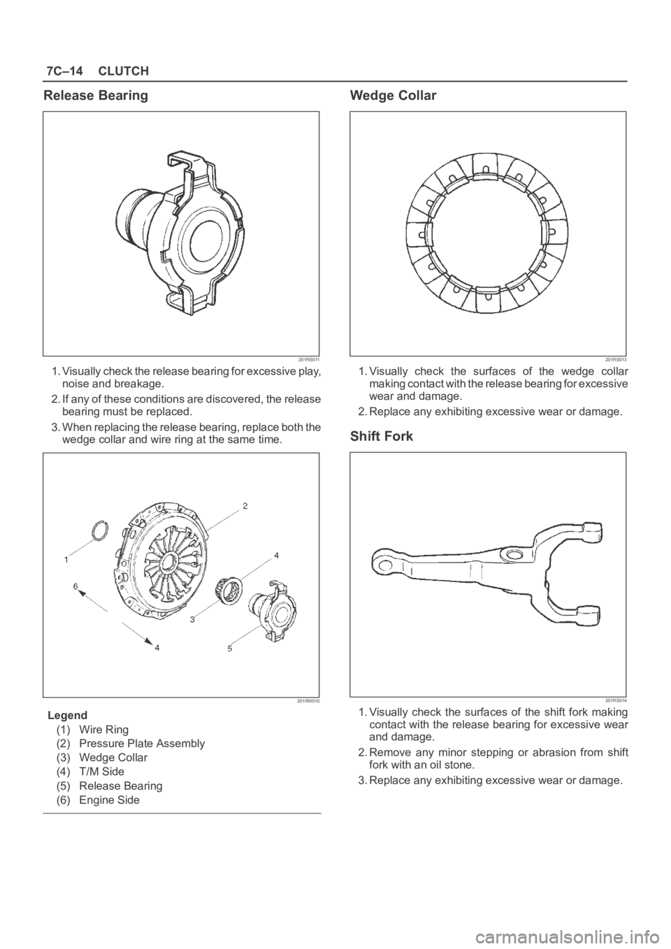 OPEL FRONTERA 1998 Workshop Manual 7C–14CLUTCH
Release Bearing
201RS011
1. Visually check the release bearing for excessive play,
noise and breakage.
2. If any of these conditions are discovered, the release
bearing must be replaced OPEL FRONTERA 1998 Workshop Manual 7C–14CLUTCH
Release Bearing
201RS011
1. Visually check the release bearing for excessive play,
noise and breakage.
2. If any of these conditions are discovered, the release
bearing must be replaced