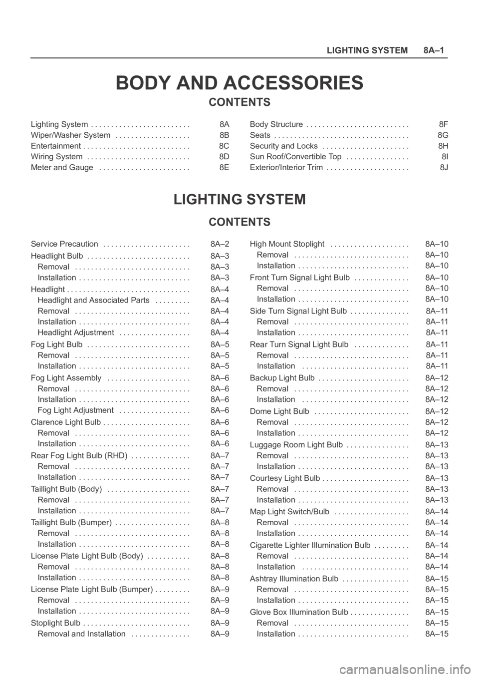 OPEL FRONTERA 1998 Workshop Manual LIGHTING SYSTEM8A–1
BODY AND ACCESSORIES
CONTENTS
Lighting System 8A. . . . . . . . . . . . . . . . . . . . . . . . .
Wiper/Washer System 8B. . . . . . . . . . . . . . . . . . .
Entertainment 8C. OPEL FRONTERA 1998 Workshop Manual LIGHTING SYSTEM8A–1
BODY AND ACCESSORIES
CONTENTS
Lighting System 8A. . . . . . . . . . . . . . . . . . . . . . . . .
Wiper/Washer System 8B. . . . . . . . . . . . . . . . . . .
Entertainment 8C.