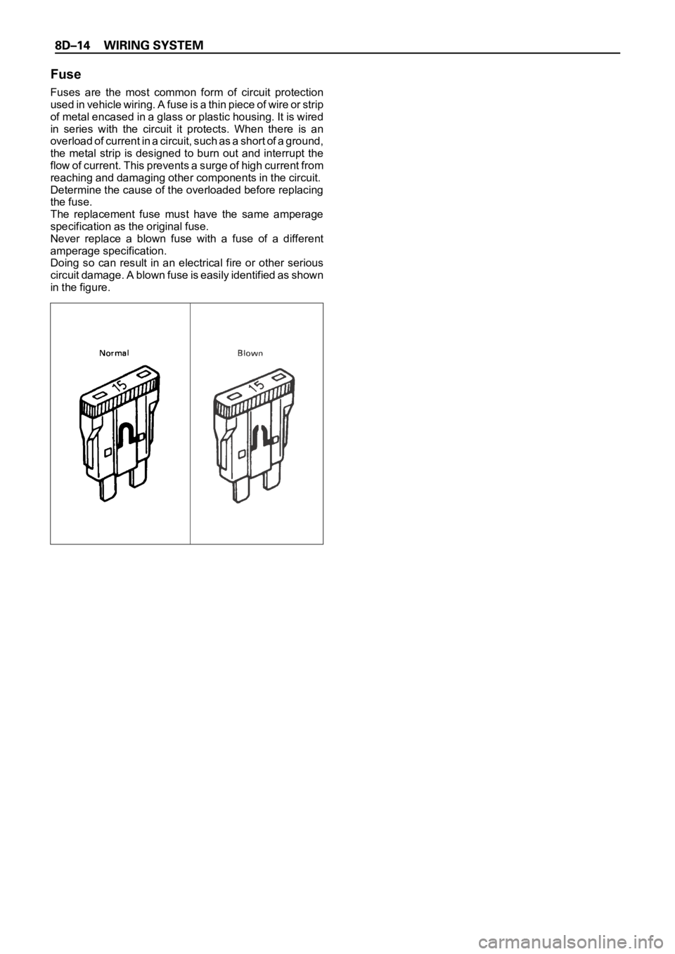 OPEL FRONTERA 1998  Workshop Manual Fuse
Fuses  are  the  most  common  form  of  circuit  protection
used in vehicle wiring. A fuse is a thin piece of wire or strip
of metal encased in a glass or plastic housing. It is wired
in  series