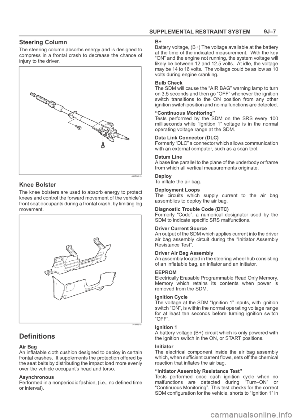 OPEL FRONTERA 1998 Workshop Manual SUPPLEMENTAL RESTRAINT SYSTEM9J–7
Steering Column
The steering column absorbs energy and is designed to
compress in a frontal crash to decrease the chance of
injury to the driver.
431RW019
OPEL FRONTERA 1998 Workshop Manual SUPPLEMENTAL RESTRAINT SYSTEM9J–7
Steering Column
The steering column absorbs energy and is designed to
compress in a frontal crash to decrease the chance of
injury to the driver.
431RW019