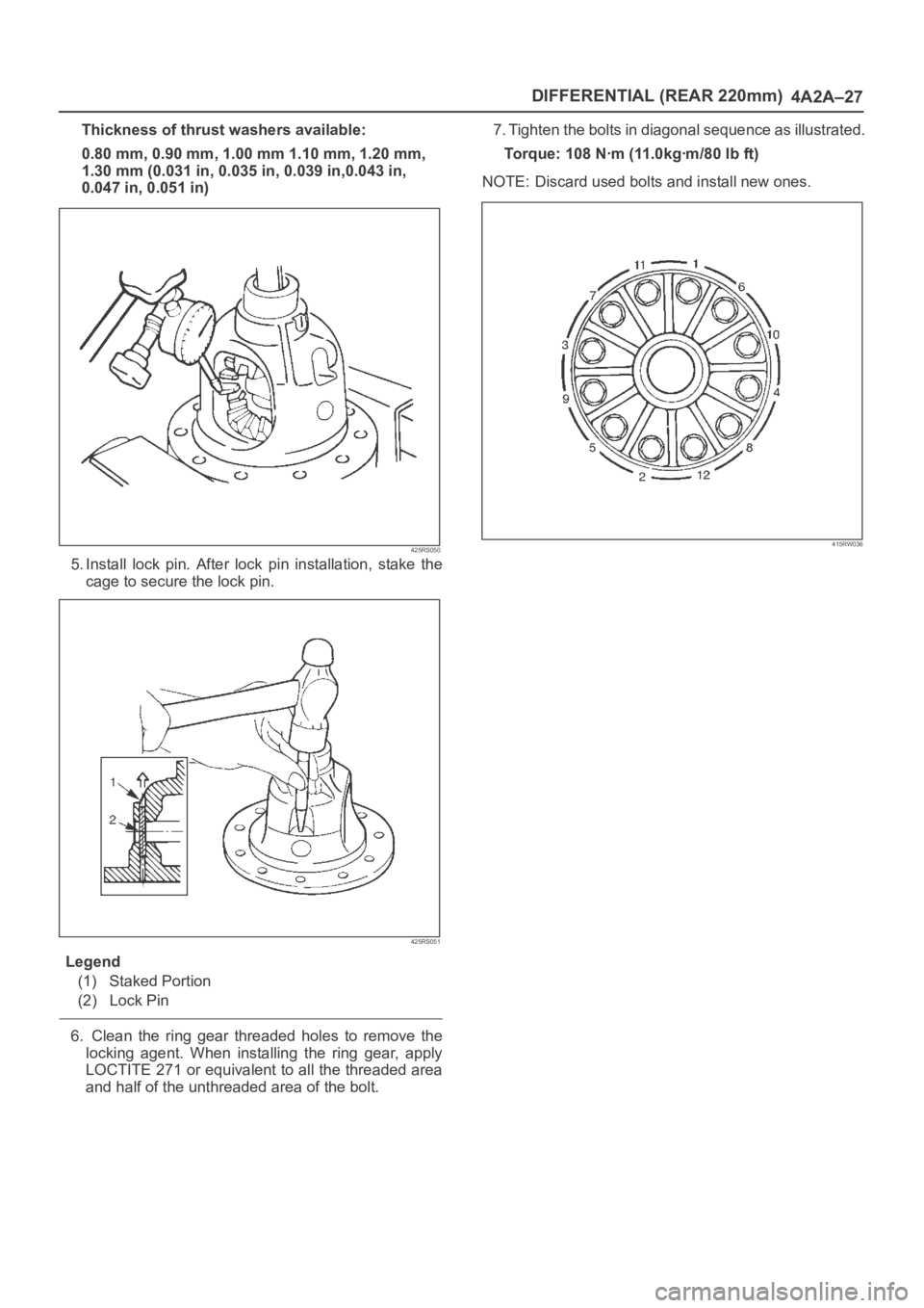 OPEL FRONTERA 1998 Workshop Manual DIFFERENTIAL (REAR 220mm)
4A2A–27
Thickness of thrust washers available:
0.80 mm, 0.90 mm, 1.00 mm 1.10 mm, 1.20 mm,
1.30 mm (0.031 in, 0.035 in, 0.039 in,0.043 in,
0.047 in, 0.051 in)
425RS050
5. I OPEL FRONTERA 1998 Workshop Manual DIFFERENTIAL (REAR 220mm)
4A2A–27
Thickness of thrust washers available:
0.80 mm, 0.90 mm, 1.00 mm 1.10 mm, 1.20 mm,
1.30 mm (0.031 in, 0.035 in, 0.039 in,0.043 in,
0.047 in, 0.051 in)
425RS050
5. I