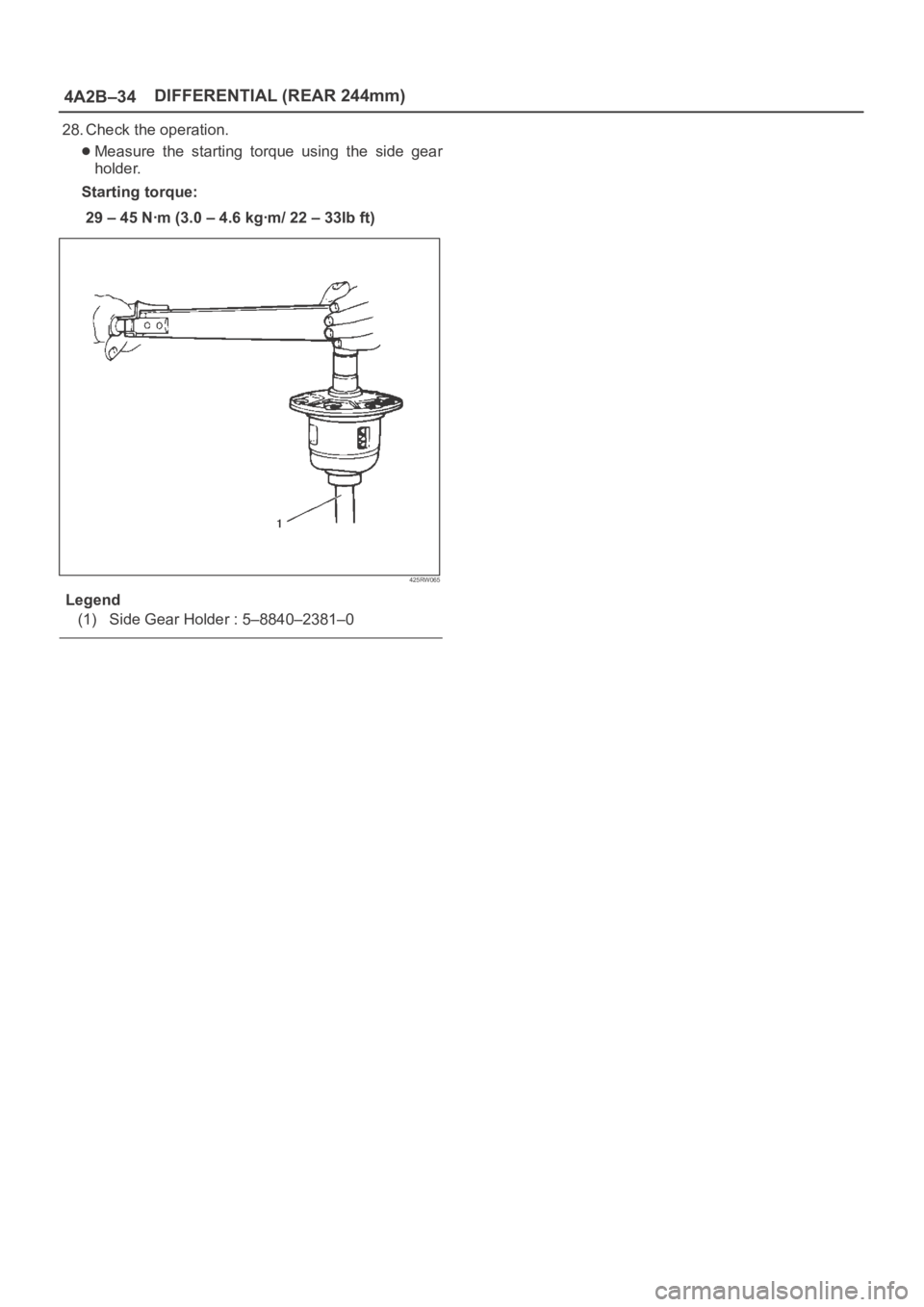 OPEL FRONTERA 1998  Workshop Manual 4A2B–34DIFFERENTIAL (REAR 244mm)
28. Check the operation.
Measure  the  starting  torque  using  the  side  gear
holder. 
Starting torque:
29–45Nꞏm(3.0–4.6kgꞏm/22–33Ibft)
425RW065
Legend
(